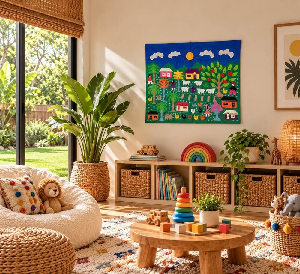 NWT Hand-Sewn Colombian Folk Art Textile – Village & Farm Scene